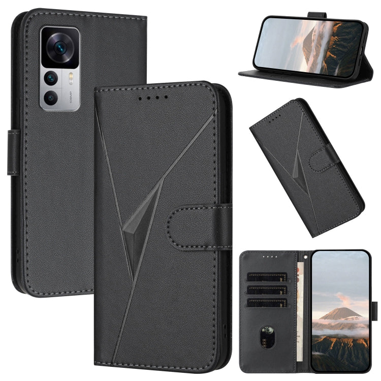 Black leather phone wallet case with triangle buckle clasp and card slots