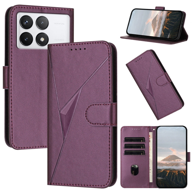 Dark purple leather phone case with triangle pattern, buckle clasp, card slots, stand view