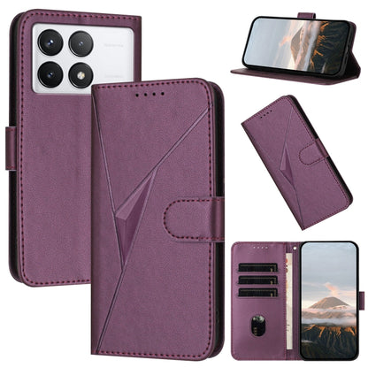 Dark purple leather phone case with triangle pattern, buckle clasp, card slots, stand view