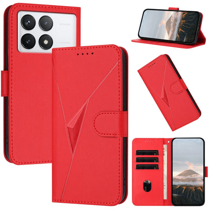 Red leather phone case with triangle pattern, buckle clasp, card slots, stand view