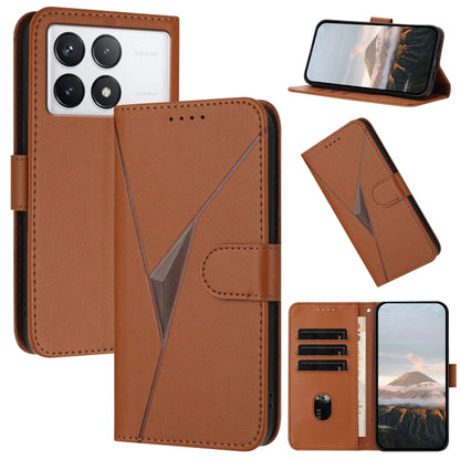 Brown leather folio phone case with triangle pattern, buckle clasp, card slots, side view