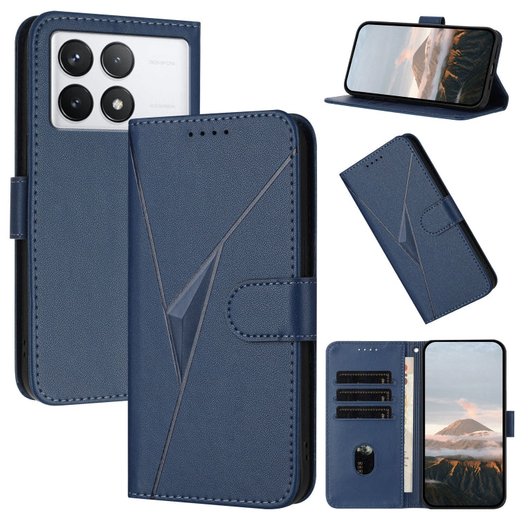 Triangle patterned leather flip phone case with buckle clasp, blue, card slots