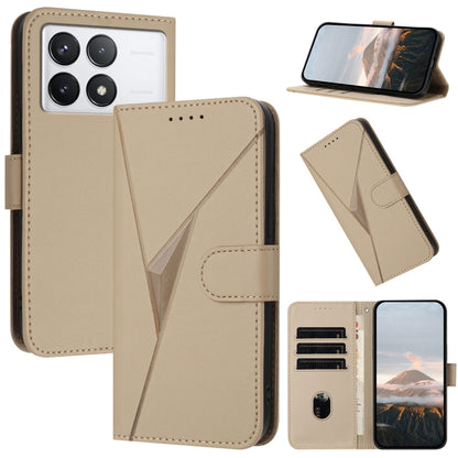 Triangle patterned leather flip phone case with buckle clasp, tan, card slots