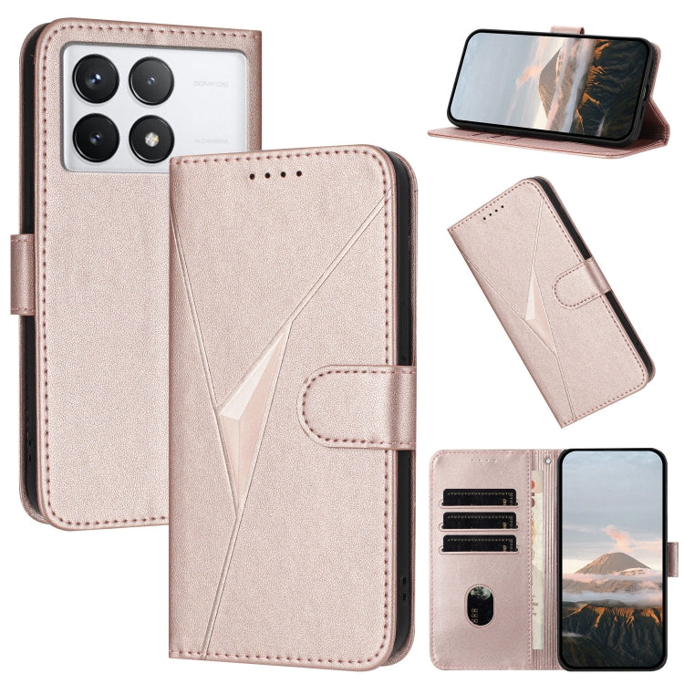 Triangle patterned leather flip phone case with buckle clasp, rose-pink, card slots
