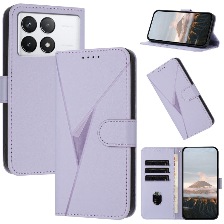 Triangle patterned leather flip phone case with buckle clasp, light purple, card slots