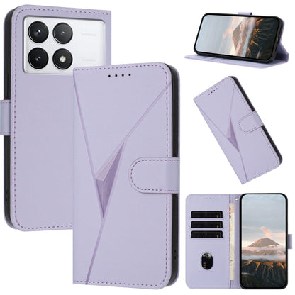 Triangle patterned leather flip phone case with buckle clasp, light purple, card slots