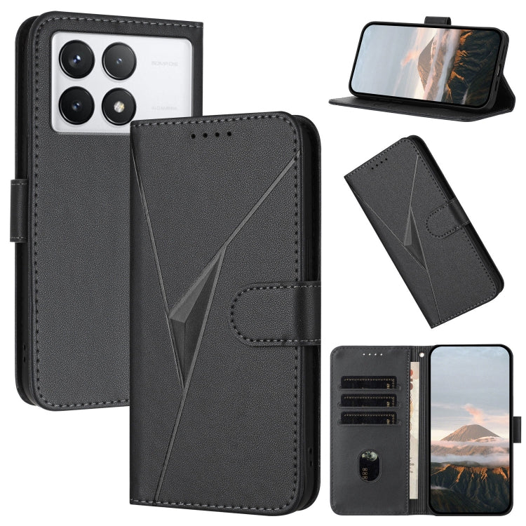 Dark gray/black leather phone case with triangle pattern, buckle clasp, and card slots