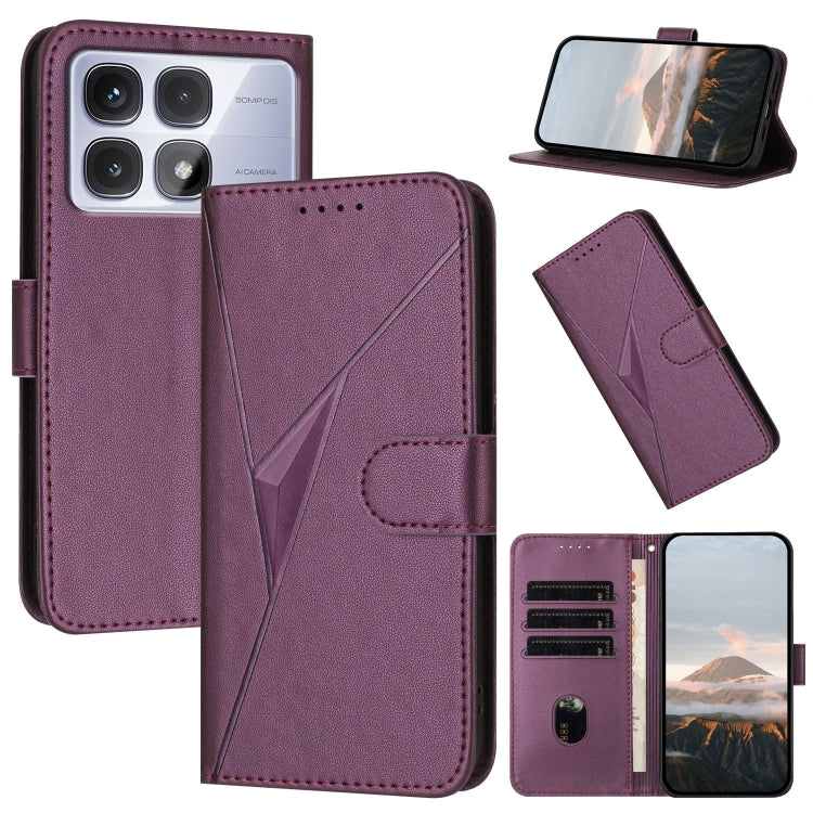 Dark purple leather phone case with triangle pattern and buckle clasp, card slots