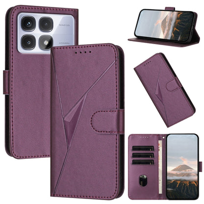 Dark purple leather phone case with triangle pattern and buckle clasp, card slots