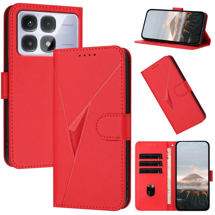 Red leather phone case with triangle pattern and buckle clasp, visible card slots