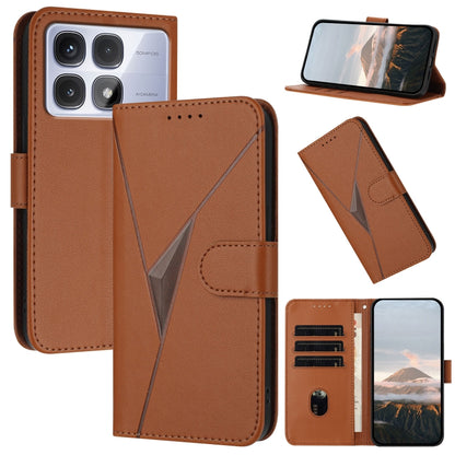 Brown leather phone case with triangle pattern and buckle clasp, card holder openings