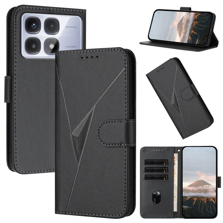 Black leather phone case with triangle pattern and buckle clasp, card slots