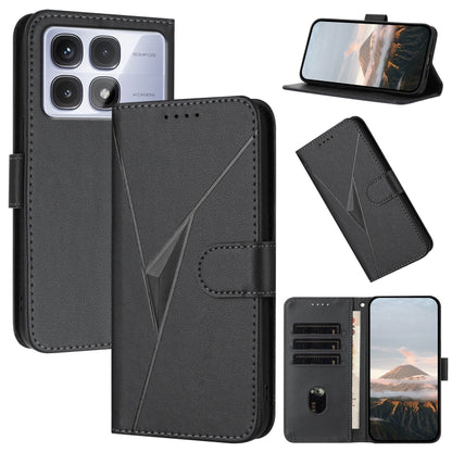 Black leather phone case with triangle pattern and buckle clasp, card slots