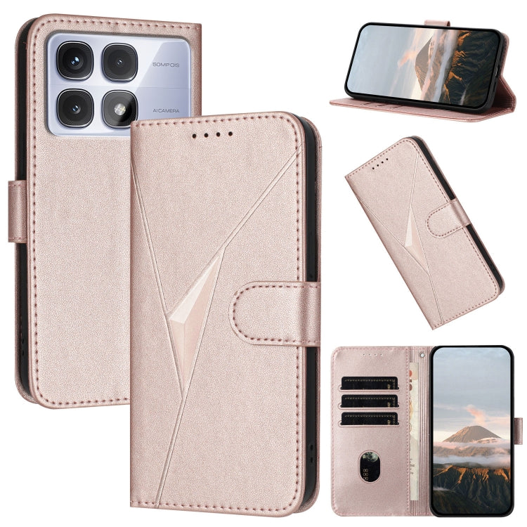 Rose gold leather phone case with triangle pattern and buckle clasp, card slots