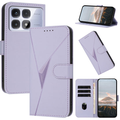 Light purple leather phone case with triangle pattern and buckle clasp, card slots