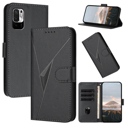 Black leather phone case with triangular pattern and buckle clasp, flip cover.