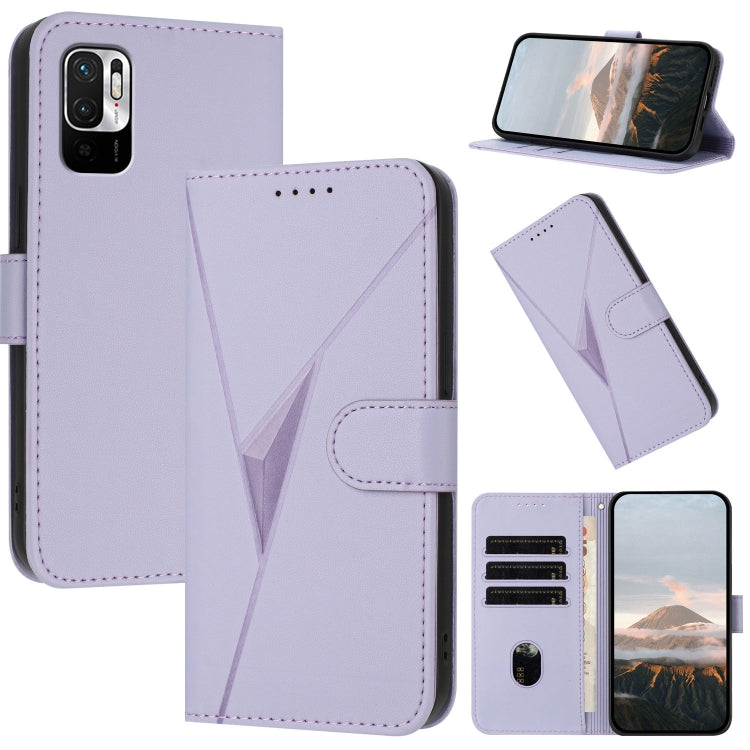 Light purple leather phone case with triangular pattern and buckle clasp, flip cover.
