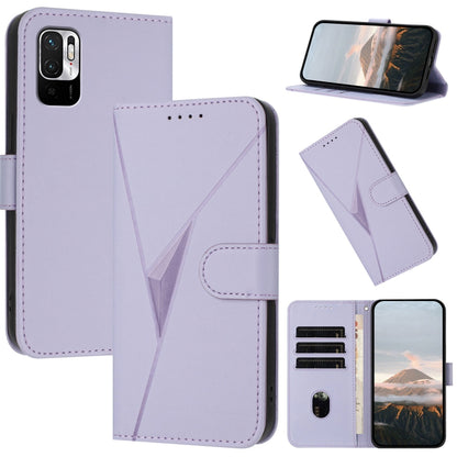 Light purple leather phone case with triangular pattern and buckle clasp, flip cover.