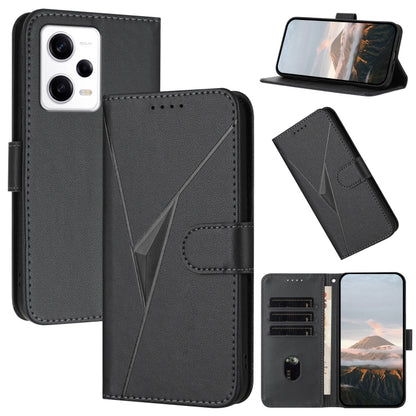 Black leather phone case with triangle buckle clasp, card slots, and viewing stand