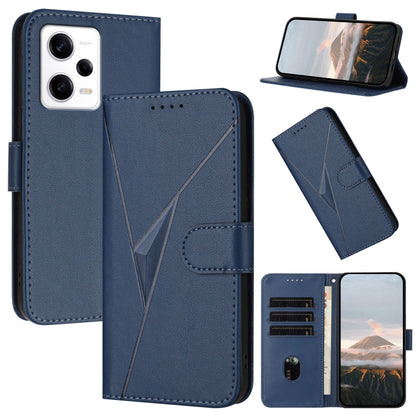 Royal blue leather phone case with triangle buckle clasp, card slot holder, and stand