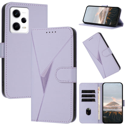 Light purple leather phone case with triangle buckle clasp, card slots, and viewing stand