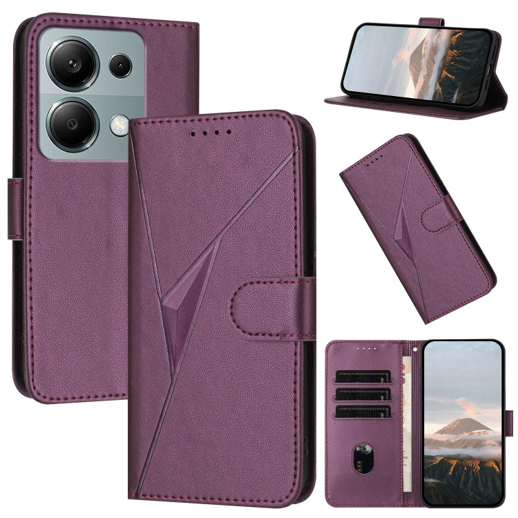 Dark purple leather phone case with triangle pattern and side buckle clasp, card slots