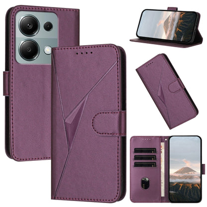 Dark purple leather phone case with triangle pattern and side buckle clasp, card slots