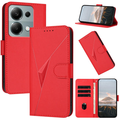 Red leather phone case with triangle pattern and side buckle clasp, card slots