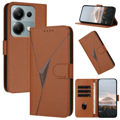 Brown leather phone case with triangle pattern and side buckle clasp, card slots