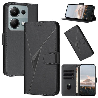 Black leather phone case with triangle pattern and side buckle clasp, card slots