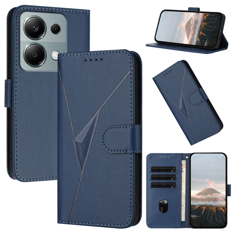 Royal blue leather phone case with triangle pattern and side buckle clasp, card slots