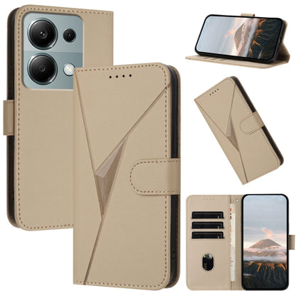 Gold-tone leather phone case with triangle pattern and side buckle clasp, card slots