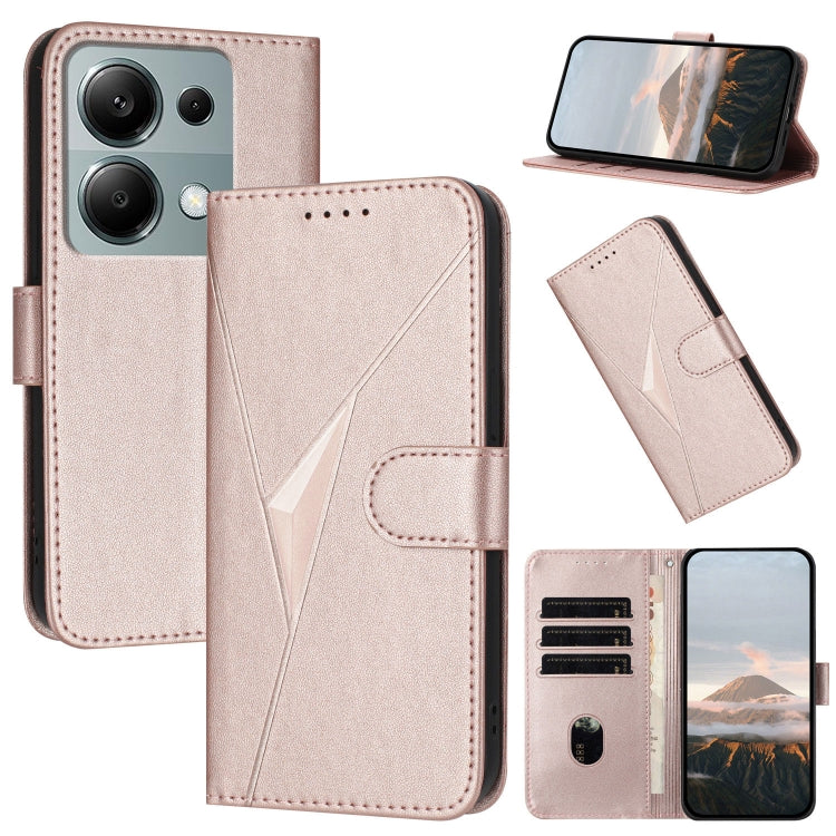 Light pink leather phone case with triangle pattern and side buckle clasp, card slots