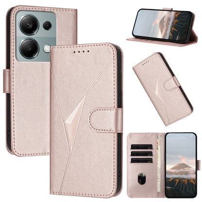 Light pink leather phone case with triangle pattern and side buckle clasp, card slots