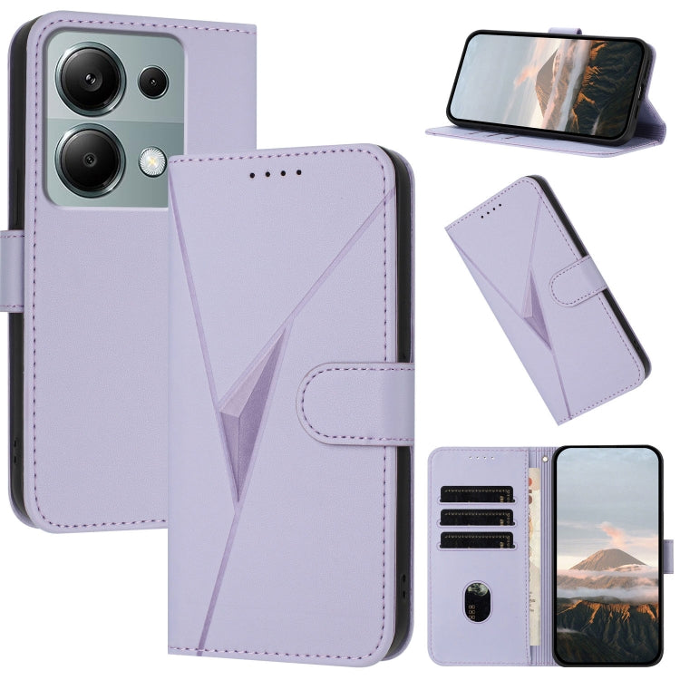 Lavender leather phone case with triangle pattern and side buckle clasp, card slots