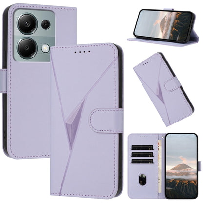 Lavender leather phone case with triangle pattern and side buckle clasp, card slots
