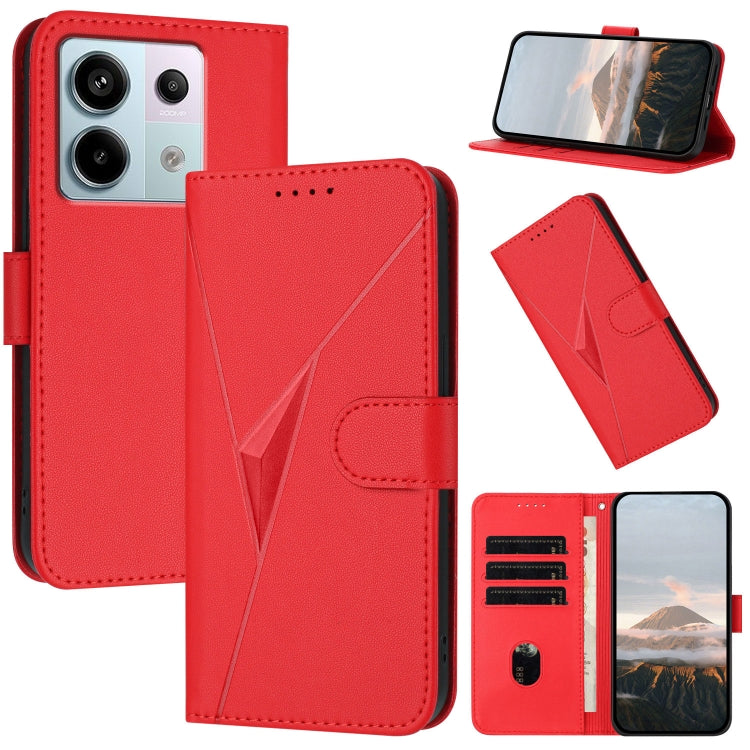 Red leather phone case with triangle pattern, buckle clasp, and card slots
