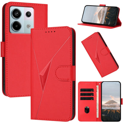 Red leather phone case with triangle pattern, buckle clasp, and card slots
