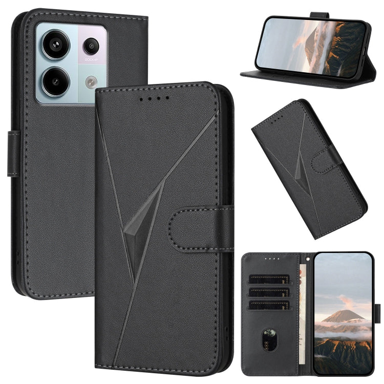 Black leather phone case with triangle pattern, buckle clasp, and card slots