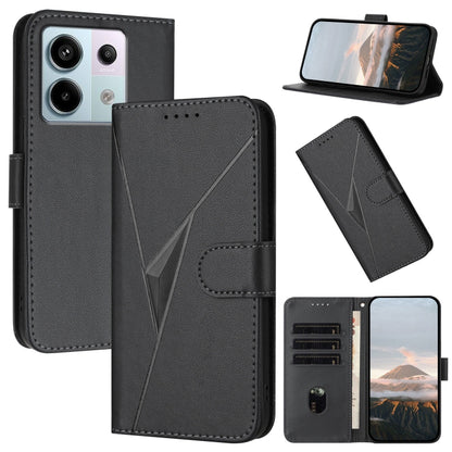 Black leather phone case with triangle pattern, buckle clasp, and card slots
