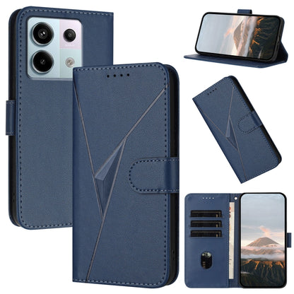 Royal blue leather phone case with triangle pattern, buckle clasp, and card slots