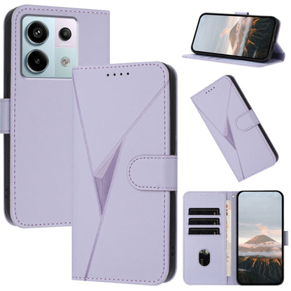 Light purple leather phone case with triangle pattern, buckle clasp, and card slots