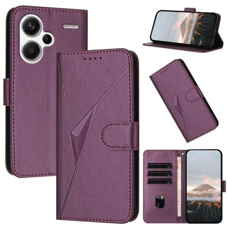 Dark purple triangle pattern leather phone case with buckle clasp and card slots