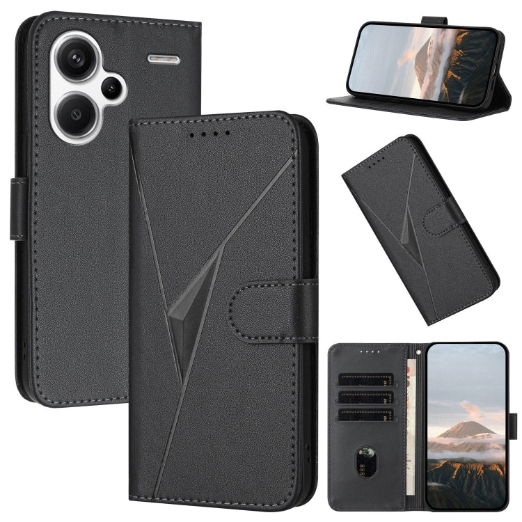Black triangle pattern leather phone case with buckle clasp and card slots