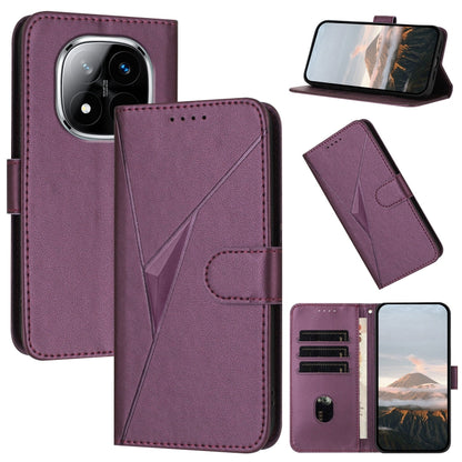Purple leather phone case with triangle pattern, buckle clasp, and card slots