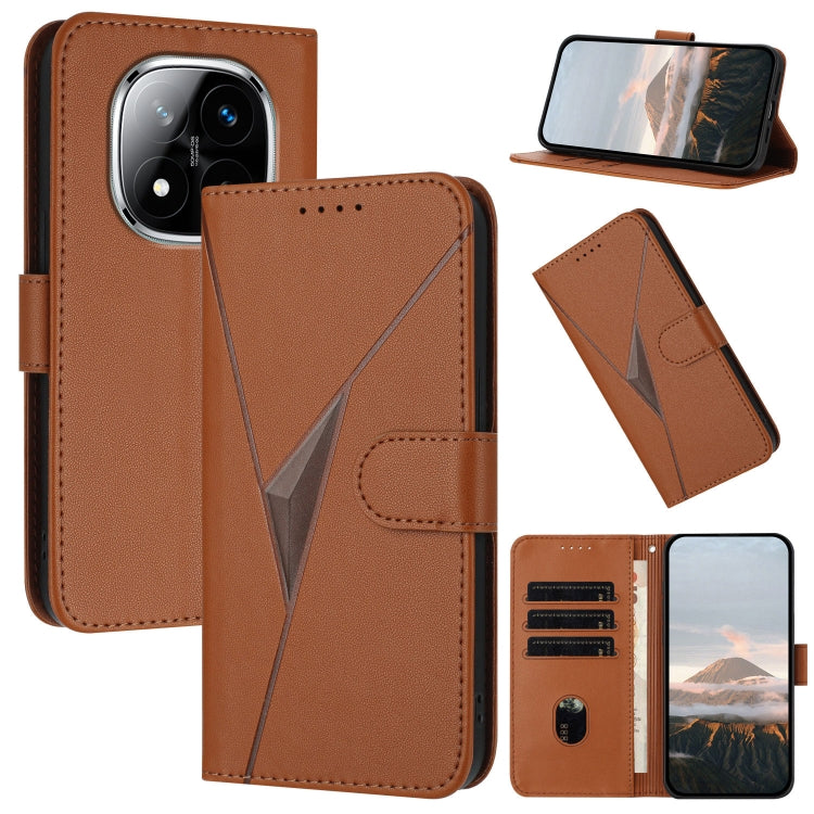 Brown leather phone case with triangle pattern, buckle clasp, and card slots