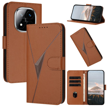 Brown leather phone case with triangle pattern, buckle clasp, and card slots