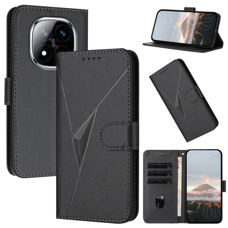 Black leather phone case with triangle pattern, buckle clasp, and card slots