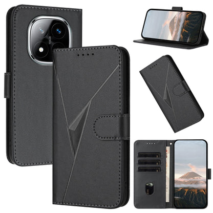 Black leather phone case with triangle pattern, buckle clasp, and card slots