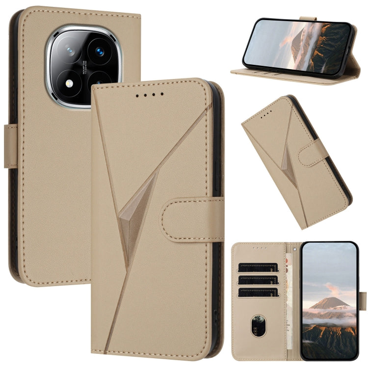 Tan beige leather phone case with triangle pattern, buckle clasp, and card slots